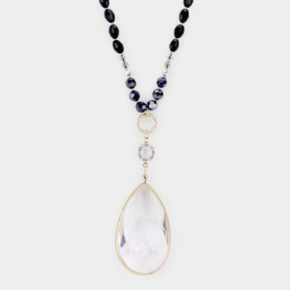 Multi Beaded Teardrop Black Stone Pendant Long Necklace - Picture 1 of 7